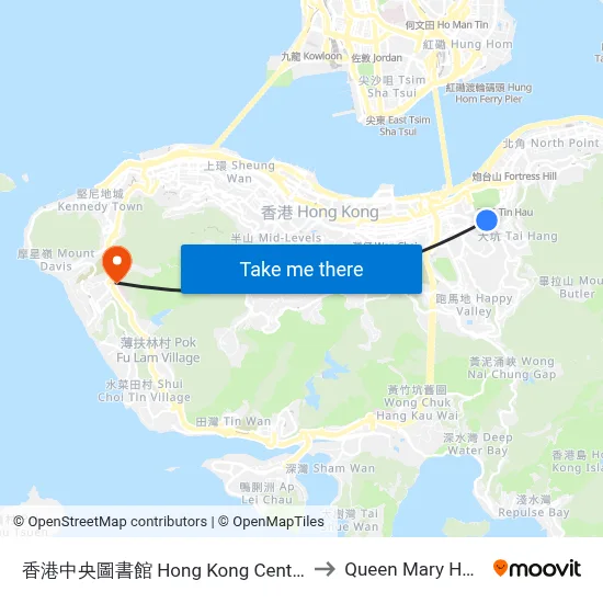 Hong Kong Central Library to Queen Mary Hospital map