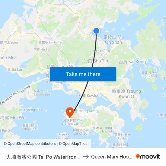 大埔海濱公園 Tai Po Waterfront Park to Queen Mary Hospital map
