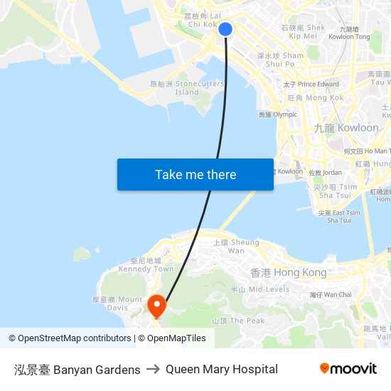 泓景臺 Banyan Gardens to Queen Mary Hospital map