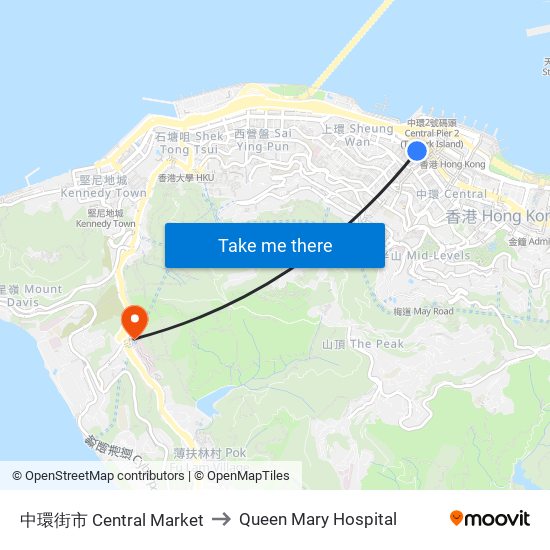 中環街市 Central Market to Queen Mary Hospital map