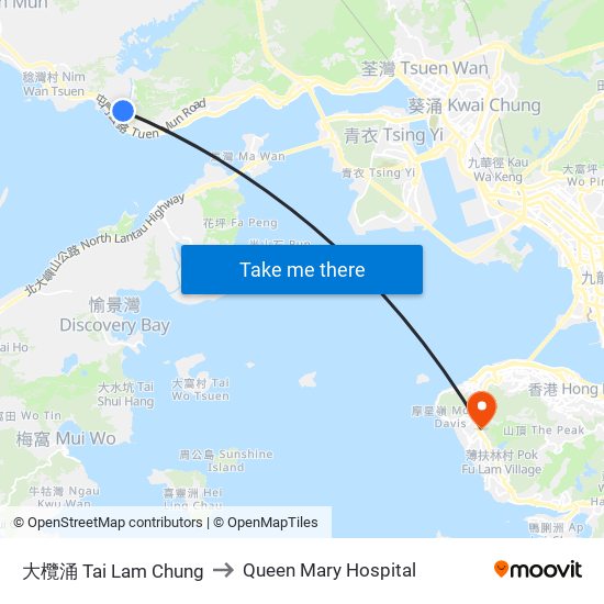 大欖涌 Tai Lam Chung to Queen Mary Hospital map