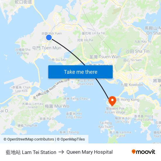 藍地站 Lam Tei  Station to Queen Mary Hospital map