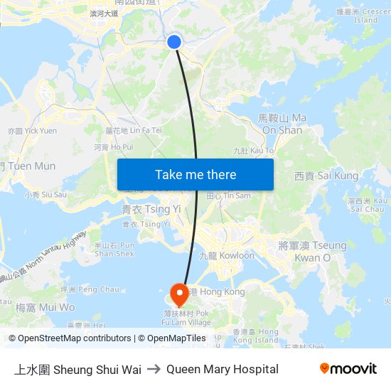 上水圍 Sheung Shui Wai to Queen Mary Hospital map