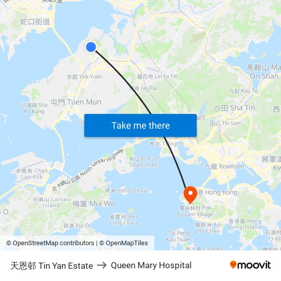 天恩邨 Tin Yan Estate to Queen Mary Hospital map