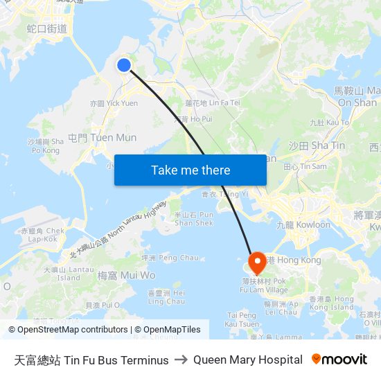天富總站 Tin Fu Bus Terminus to Queen Mary Hospital map