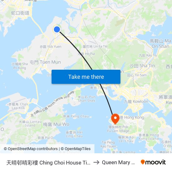 天晴邨晴彩樓 Ching Choi House Tin Ching Estate to Queen Mary Hospital map