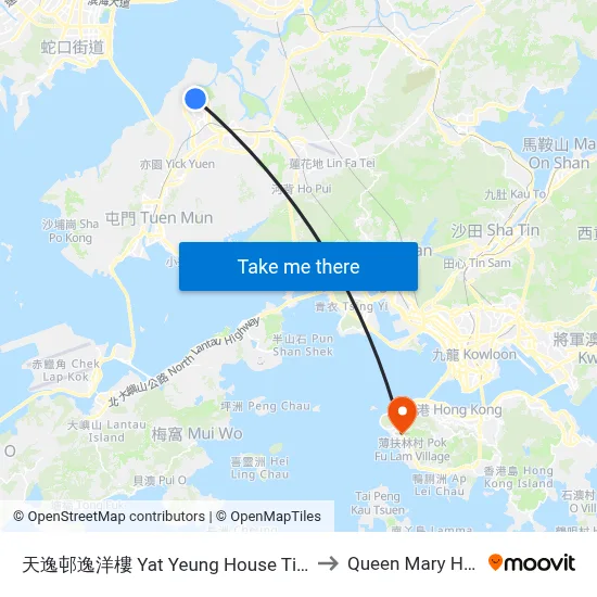 天逸邨逸洋樓 Yat Yeung House Tin Yat Estate to Queen Mary Hospital map