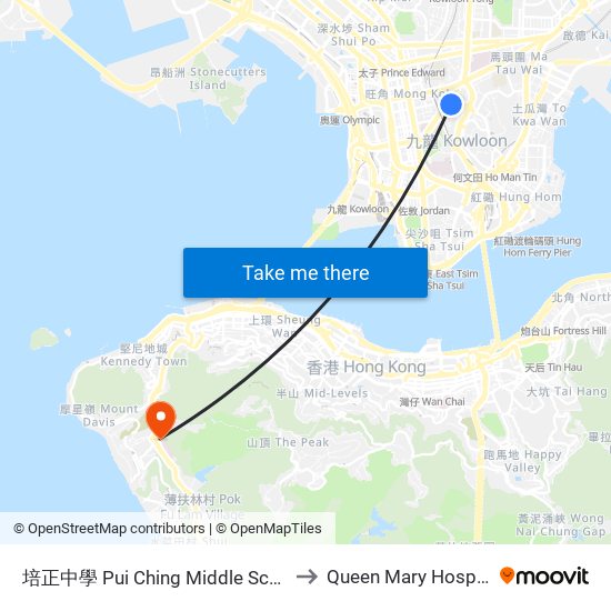 培正中學 Pui Ching Middle School to Queen Mary Hospital map