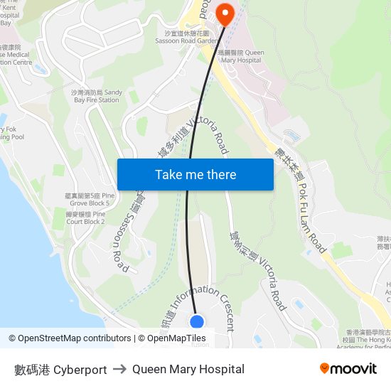數碼港 Cyberport to Queen Mary Hospital map