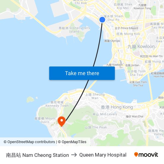 南昌站 Nam Cheong Station to Queen Mary Hospital map
