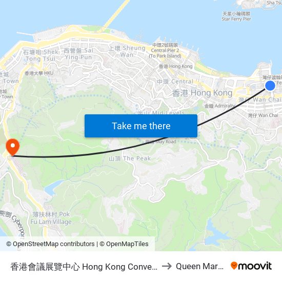 香港會議展覽中心 Hong Kong Convention & Exhibition Centre to Queen Mary Hospital map