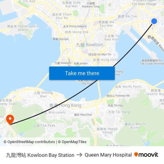 九龍灣站 Kowloon Bay Station to Queen Mary Hospital map