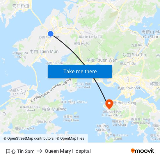 田心 Tin Sam to Queen Mary Hospital map