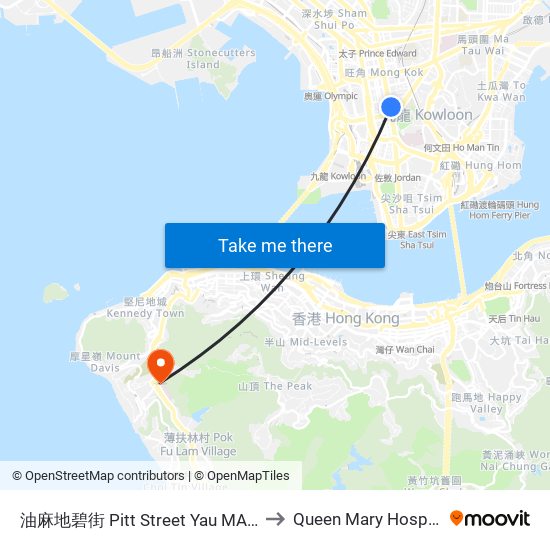 油麻地碧街 Pitt Street Yau MA Tei to Queen Mary Hospital map