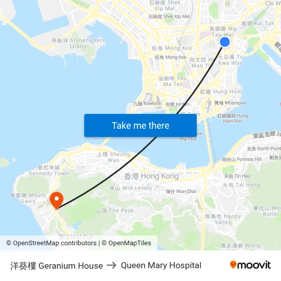 Geranium House to Queen Mary Hospital map