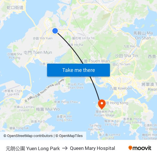元朗公園 Yuen Long Park to Queen Mary Hospital map