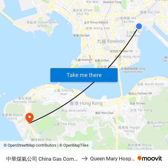 中華煤氣公司 China Gas Company to Queen Mary Hospital map