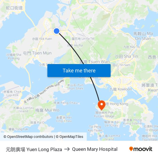 元朗廣場 Yuen Long Plaza to Queen Mary Hospital map
