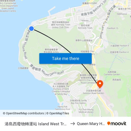 港島西廢物轉運站 Island West Transfer Station to Queen Mary Hospital map