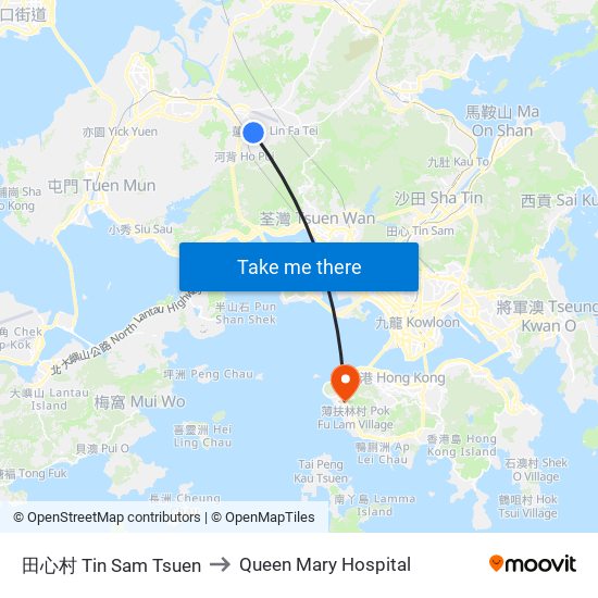 田心村 Tin Sam Tsuen to Queen Mary Hospital map