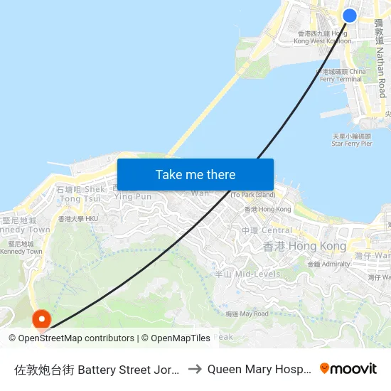 佐敦炮台街 Battery Street Jordan to Queen Mary Hospital map