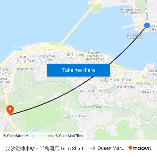 尖沙咀轉車站－半島酒店 Tsim Sha Tsui Bbi - Peninsula Hotel to Queen Mary Hospital map