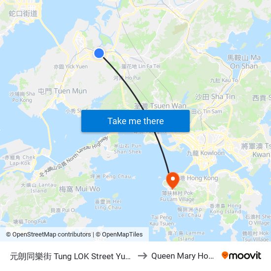 元朗同樂街 Tung LOK Street Yuen Long to Queen Mary Hospital map