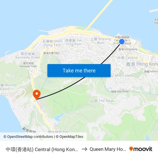中環(香港站) Central (Hong Kong Station) to Queen Mary Hospital map