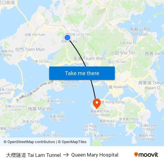 大欖隧道 Tai Lam Tunnel to Queen Mary Hospital map