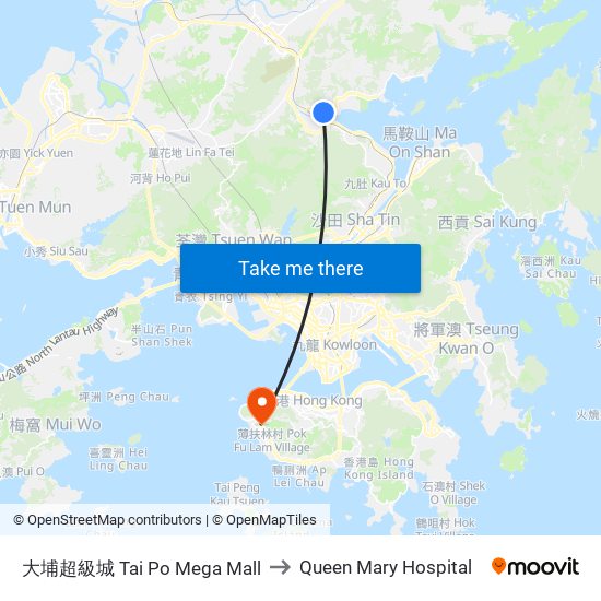 大埔超級城 Tai Po Mega Mall to Queen Mary Hospital map