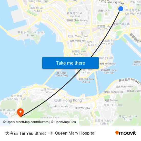 Tai Yau Street to Queen Mary Hospital map