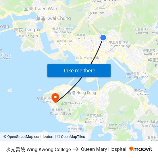 Wing Kwong College to Queen Mary Hospital map