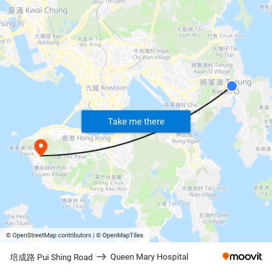 培成路 Pui Shing Road to Queen Mary Hospital map