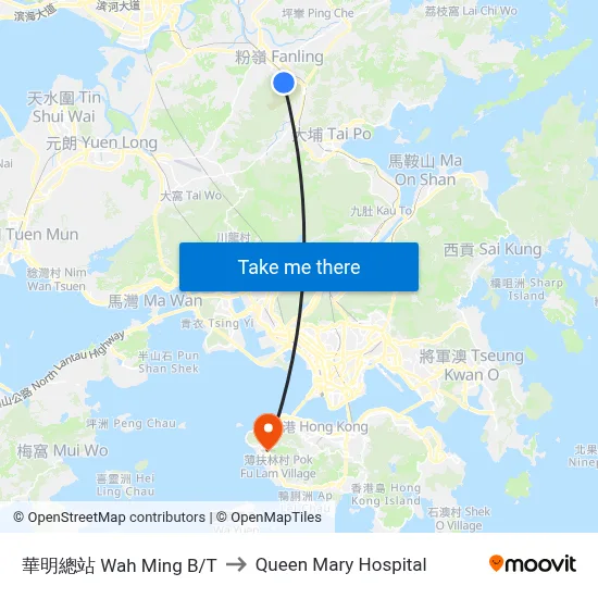 Wah Ming Bus Terminus to Queen Mary Hospital map