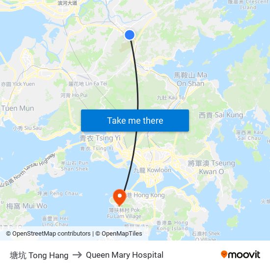 塘坑 Tong Hang to Queen Mary Hospital map