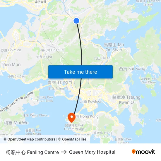 粉嶺中心 Fanling Centre to Queen Mary Hospital map