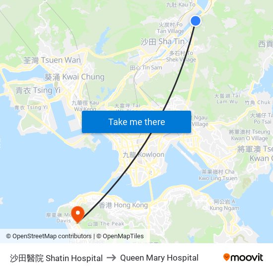 沙田醫院 Shatin Hospital to Queen Mary Hospital map