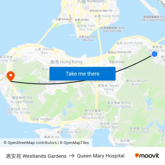 惠安苑 Westlands Gardens to Queen Mary Hospital map