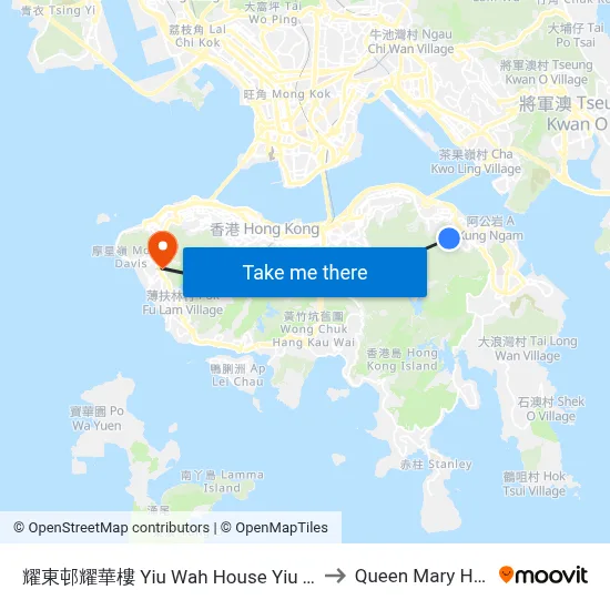 Yiu Wah House Yiu Tung Estate to Queen Mary Hospital map