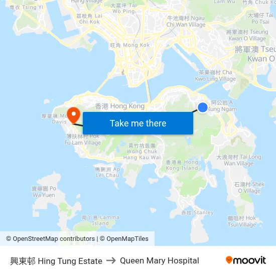 Hing Tung Estate to Queen Mary Hospital map