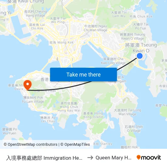 Immigration Headquarters to Queen Mary Hospital map