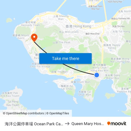 海洋公園停車場 Ocean Park Carpark to Queen Mary Hospital map