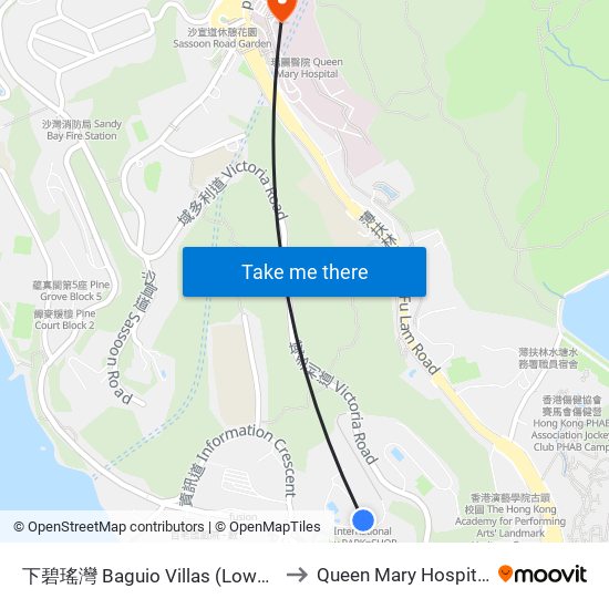 下碧瑤灣 Baguio Villas (Lower) to Queen Mary Hospital map