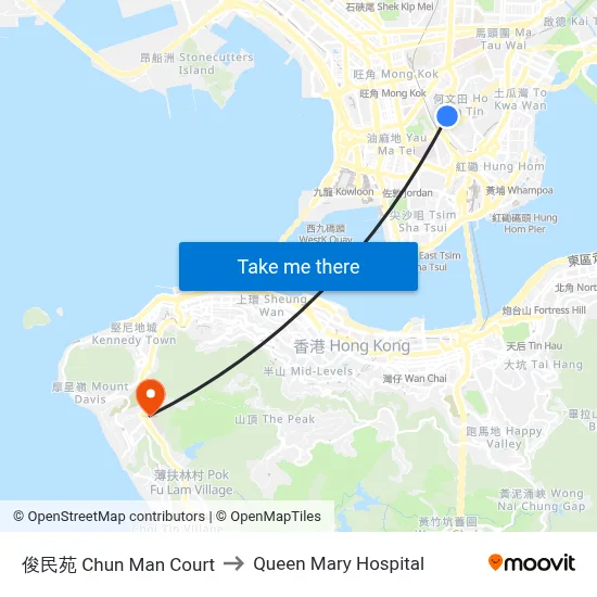 Chun Man Court to Queen Mary Hospital map