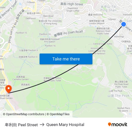 卑利街 Peel Street to Queen Mary Hospital map