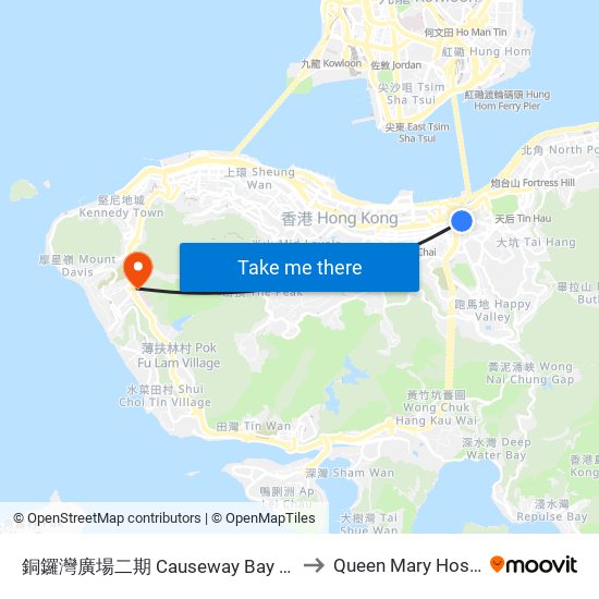 銅鑼灣廣場二期 Causeway Bay Plaza 2 to Queen Mary Hospital map