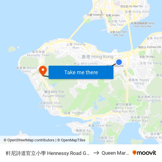 軒尼詩道官立小學 Hennessy Road Government Primary School to Queen Mary Hospital map