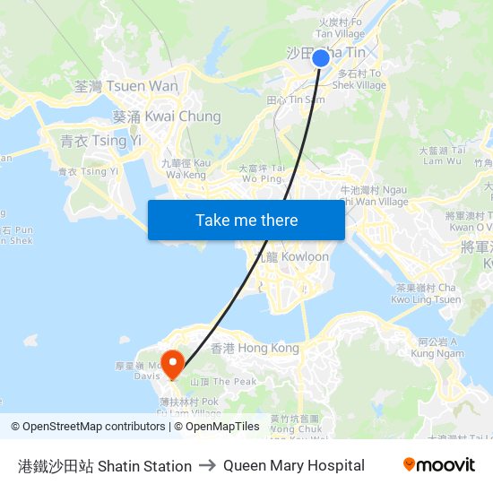 港鐵沙田站 Shatin Station to Queen Mary Hospital map