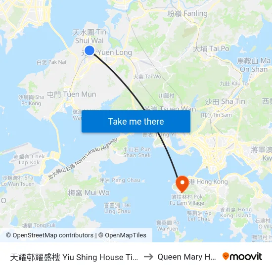 Yiu Shing House, Tin Yiu Estate to Queen Mary Hospital map