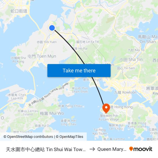 天水圍市中心總站 Tin Shui Wai Town Centre Bus Terminus to Queen Mary Hospital map